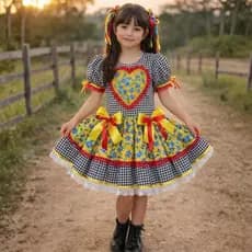 Vestido Caipira Infantil Luxo Preto Florido Rodado Menina Festa Junina Super Confortável Encantador