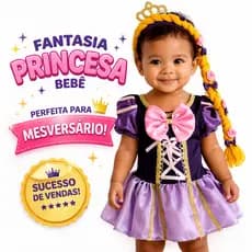 Fantasia de Bebê Princesa com Trança Vestido Body Confortável para Festa Mesversário e Ensaio