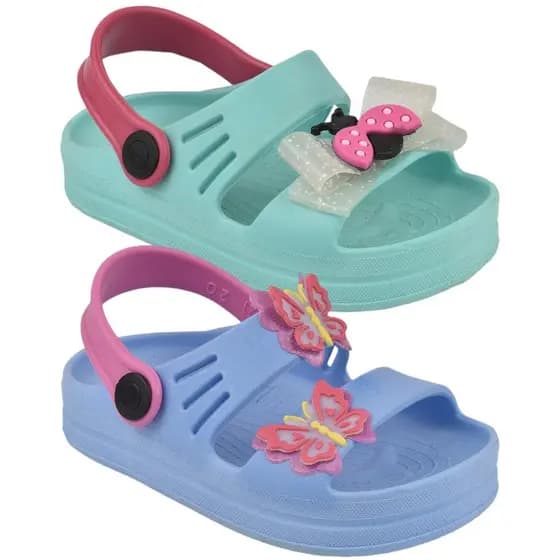 Kit 02 Pares Papete Infantil Menina Sandália Feminina Fleca Com Detalhe Glitter Azul e Rosa e Verde