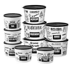 Conjunto 10 Potes Mantimentos Plástico Com Tampa Decorado Black White Cozinha Exclusivo