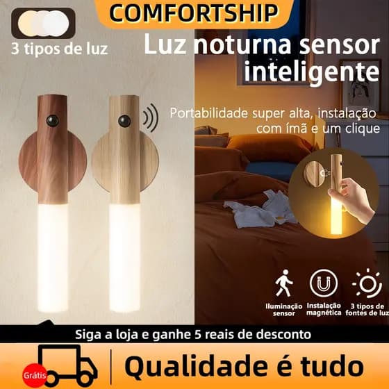 Luminaria Luz Led Recarregável Sensor de Movimento Arandela de Madeira Minimalista Para Mesa Parede