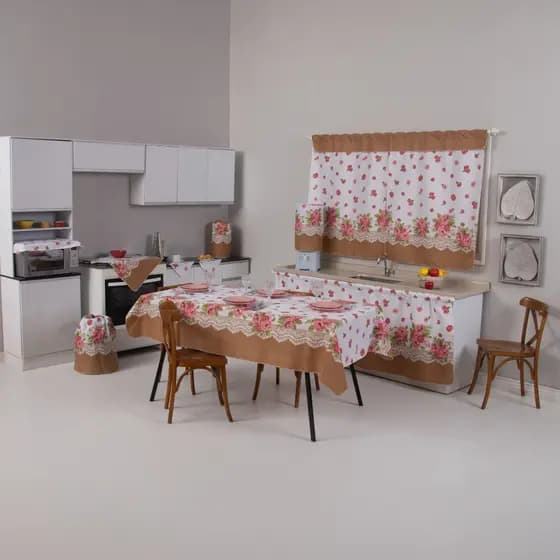 Jogo De Cozinha Com Cortina De Pia Janela Toalha De Mesa Completo 10  Peças Tecido Estampado Oxford