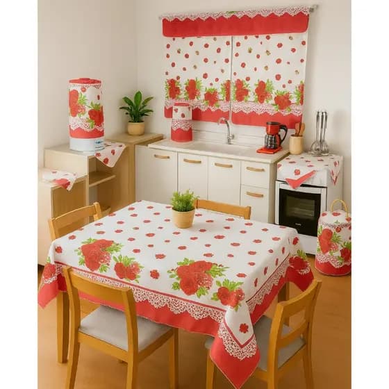 Jogo De Cozinha Oxford Estampado Com 10 Peças Com Toalha De Mesa e Cortina De Janela 100% Poliéster