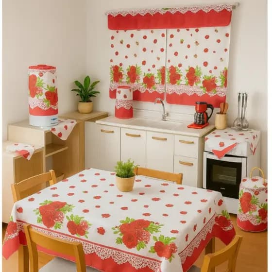 Jogo De Cozinha Kit 10 Peças Em Tecido Oxford Toalha De Mesa Cortina para Janela Decoração
