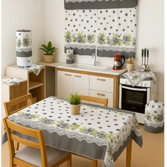 Jogo De Cozinha Em Tecido Oxford Toalha De Mesa e Cortina Para Janela Casa Decoração 10 Peças Decora