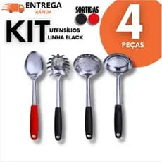 Kit 4 Utensílios De Cozinha Em Inox Colher E Pegador De Massa E Concha E Escumadeira Cabo Silicone Barato