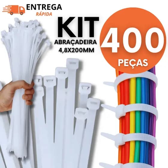 KIT 400 Peças - Abraçadeira Nylon 4,8X200 Qualidade Premium Branca Enforca Gato Cinta Presilha 15cm Lacre Branco
