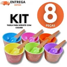 Jogo 8 Tigelas Potes Plástico Para Sorvete Sobremesa Com Colher Casquinha Festa Resistente Criança