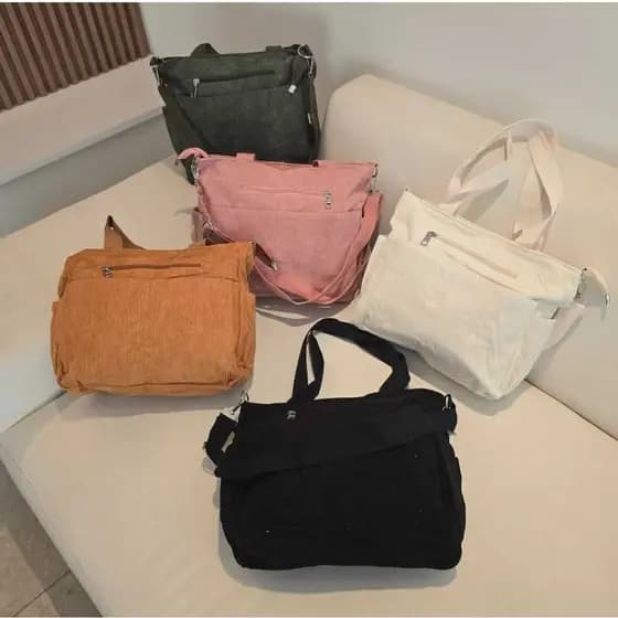 Bolsa Camurça Ombro Transversal Cotelê Media com 2 Alças Moda Feminina Casual Passeio Estilo Linda
