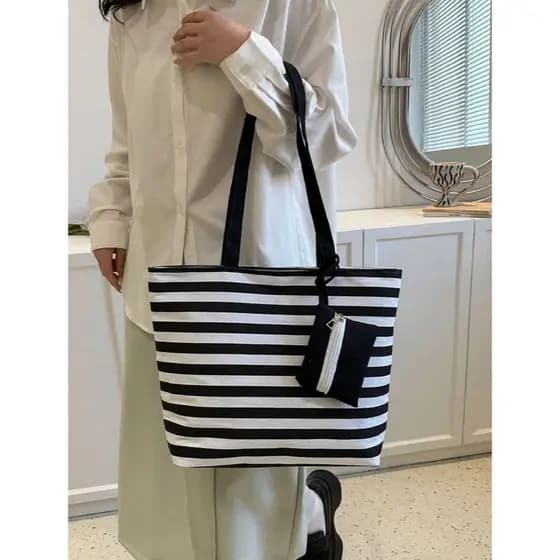 Bolsa com Listras Grande De Ombro Feminina Praia De Pano Verão Passeio Casual Dia a Dia Linda
