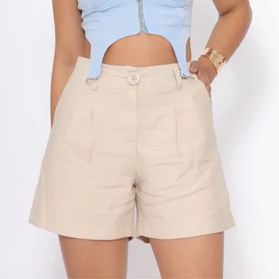 Shorts Feminino Alfaiataria Sensorial Bolsos Frontais Tendência Verão Casual Elegante
