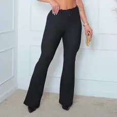 Calça Flare Bailarina Com Cinto Embutido Fivela Forrada Tecido Malha Pop Inverno Transparência 0