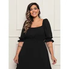 Vestido Mídi Feminino Manga Bufante Tecido Duna Premium Plus Size Com Elastex Decote Quadrado