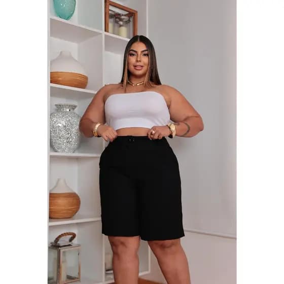 Shorts Bermuda Feminina Social Plus Size Alfaiataria Sensorial Bolsos Laterais Cintura Alta