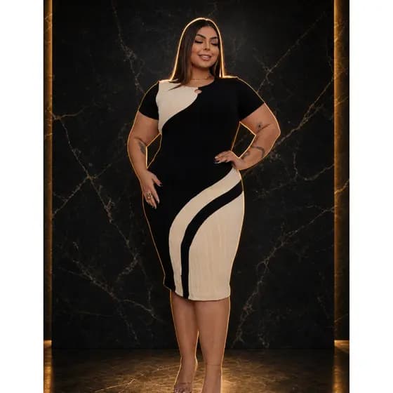 Vestido Midi Feminino Estilosa Manga Curta Tubinho Combinado Plus Size Modelador Tecido Premium
