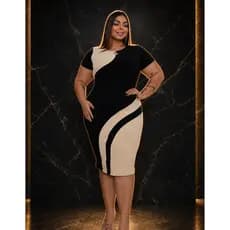 Vestido Midi Feminino Estilosa Manga Curta Tubinho Combinado Plus Size Modelador Tecido Premium