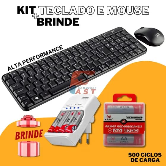 Kit Teclado e Mouse sem fio Bluetooth Alta Performance + Brinde Carregador Inteligente e 4 pilhas AA