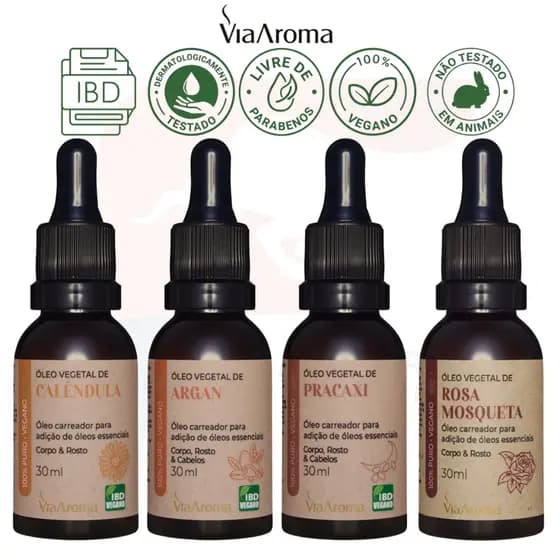 Oleo Vegetal para Cabelo Rosto e Corpo Rosa Mosqueta Argan Calendula e Pracaxi Via Aroma 100% Puros
