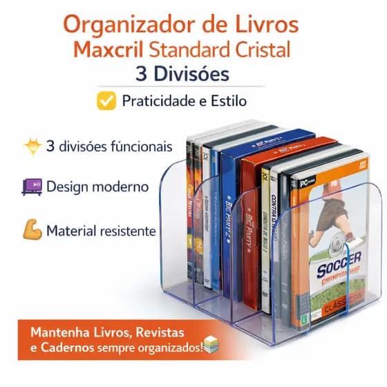 Organizador de Livros Maxcril Standard Cristal 3 Divisões – Praticidade e Estilo