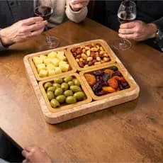 Conjunto 4 Petisqueiras Madeira Quadrada Bandeja Servir Aperitivos Queijo