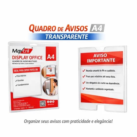 Quadro Aviso A4 Transparente com Fita Dupla Face Maxcril Ideal para Escritórios Escolas Condomínios