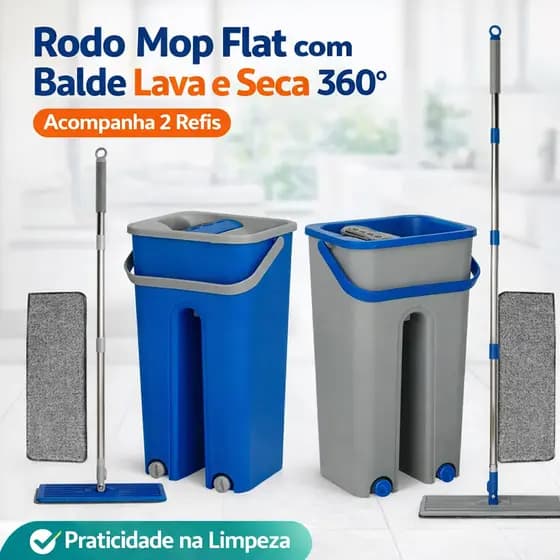 Mop Rodo Flat com Balde Lava e Seca 360° com 2 Refis inclusos Praticidade na Limpeza