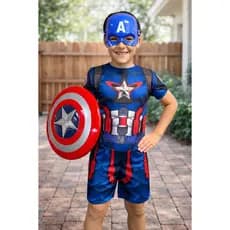 Fantasia Infantil Sem Enchimento Capitão América Curto Com Escudo e Mascara Plástico