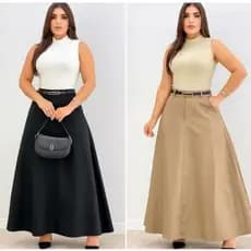 SAIA LONGA RODADA FEMININA ALFAIATARIA MODA EVANGÉLICA CASUAL BÁSICA CINTURA ALTA ELEGANTE TENDÊNCIA