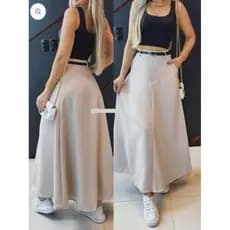 SAIA LONGA RODADA FEMININA ALFAIATARIA MODA EVANGÉLICA CASUAL BÁSICA CINTURA ALTA ELEGANTE TENDÊNCIA