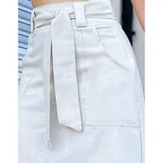 Saia Feminina Midi Linho Moda Evangélica Com Cinto no Material do Tecido Cintura Alta