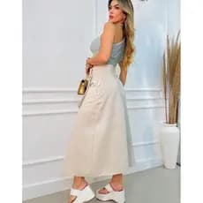 Saia Feminina Midi Linho Moda Evangélica Com Cinto no Material do Tecido Cintura Alta