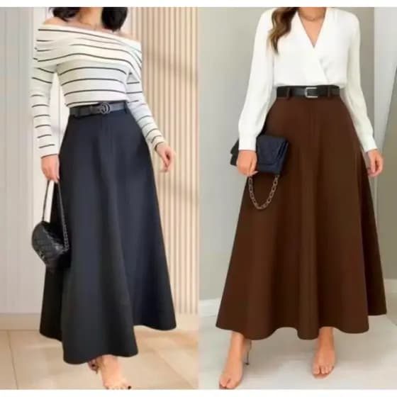 SAIA LONGA RODADA FEMININA ALFAIATARIA MODA EVANGÉLICA CASUAL BÁSICA CINTURA ALTA ELEGANTE TENDÊNCIA