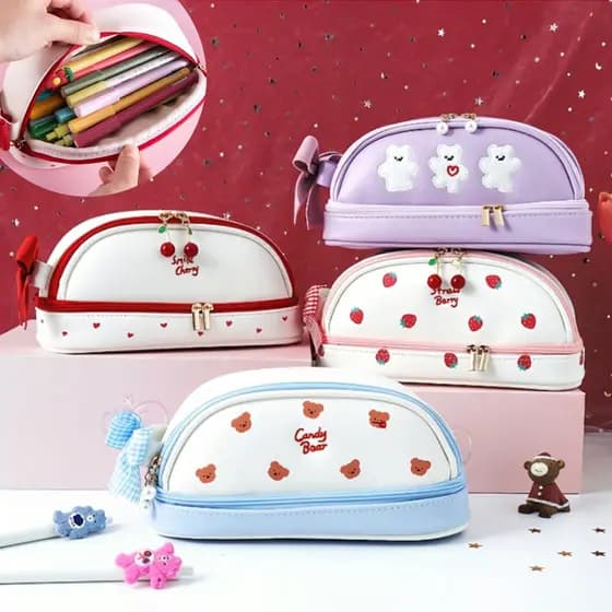 Bonito Grande Capacidade Lápis Casos Dupla Camada Kawaii Plutônio Portátil Morango Cereja Estudante Caneta Saco Papelari