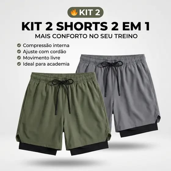 Kit 2 Peças Shorts 2 em 1 Masculino Fitness Compressão Treinos Corrida Academia