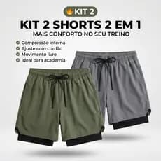 Kit 2 Peças Shorts 2 em 1 Masculino Fitness Compressão Treinos Corrida Academia