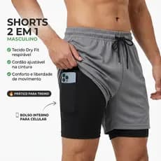 Shorts 2 em 1 Masculino Básico Sem Estampa Com Bolso Interno E Cordão Dry Fit Academia Treino Estiloso