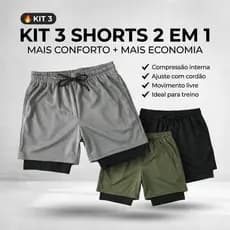 Kit 3 Peças Shorts Masculino 2 em 1 Básico Sem Estampa Compressão Bolso Interno Academia M ao GG Treino