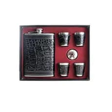 Cantil De Bolso Aço Inox Couro Whisk Garrafa Porta Bebidas Portátil + 4 Mini Copos Funil Frasco Elegante Jaqueta 375ml