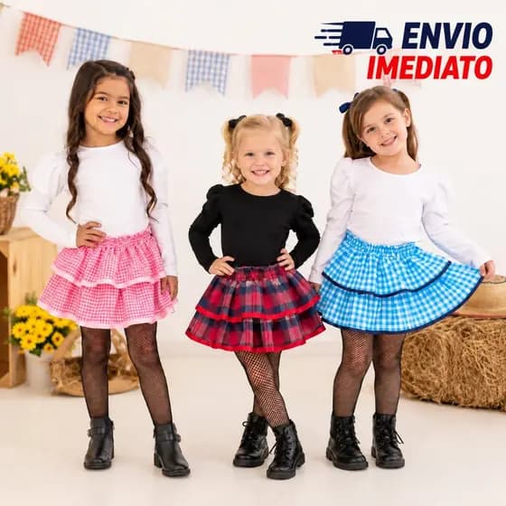 Saia Festa Junina infantil Xadrez  e Meia Arrastão Festa Junina Caipira