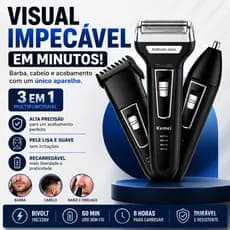 Aparador de Barba Kemei 3 em 1 Barbeador Elétrico Recarregável Bivolt Cortador de Cabelo Nariz