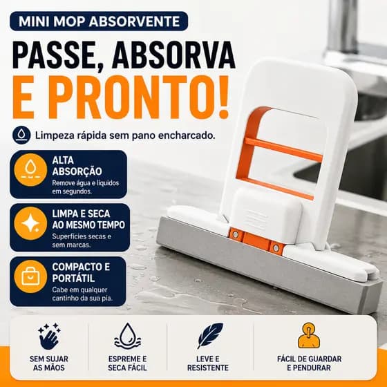 Mini Mop Absorvente Portátil Rodo Esponja Auto Torção para Pia Bancada Cozinha Banheiro