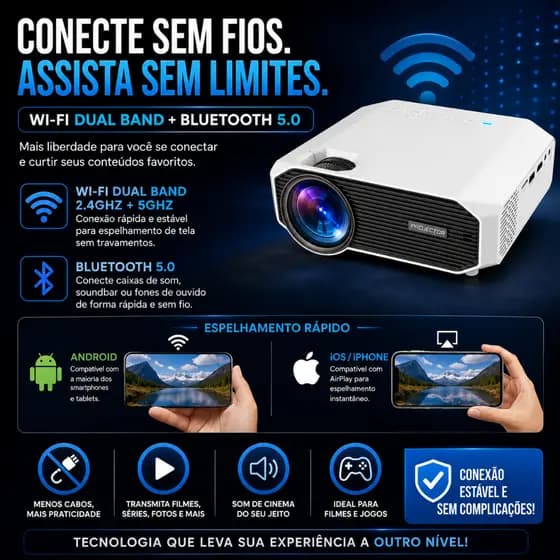 Mini Projetor HD 720P WiFi Dual Band Bluetooth 5.0 Tela Até 150 Pol Compatível Android iOS