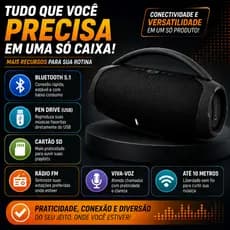 Caixa de Som Boombox Bluetooth Portátil Bivolt Som Potente FM USB SD Alça Transporte Preta