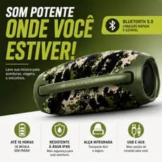 Caixa de Som Bluetooth Boombox 15W IPX6 Portátil USB AUX Bateria 10h Verde Camuflado