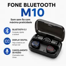 Fone Bluetooth M10 Sem Fio Display Digital Powerbank TWS Gamer IPX7 Com Microfone e LED