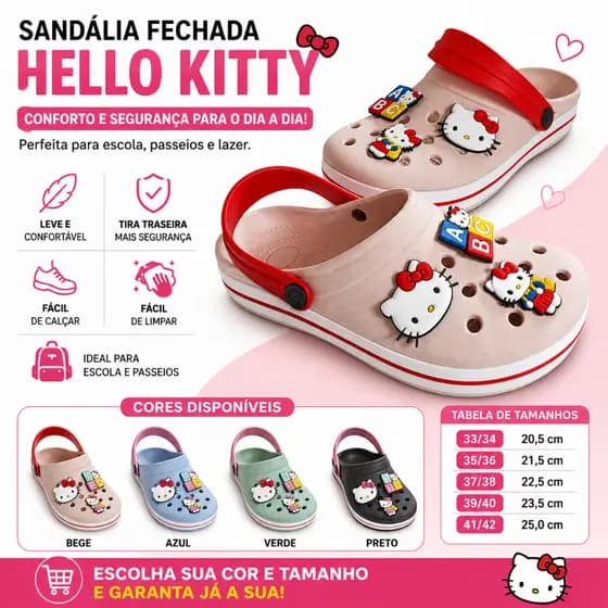 Sandália Fechada Hello Kitty Juvenil Escolar Confortável Babuche Feminina com Tira Antiderrapante
