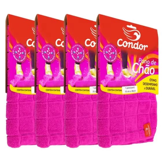 Pano De Chão Microfibra Grande Condor 70x50cm Rosa C/ 4 Panos