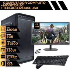 PC Computador Completo - Processador i3 2100, Ssd 120Gb, Memória DDR3 8Gb RAM, Monitor 20' 75Hz