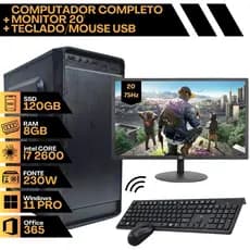 PC Computador Completo - Processador i7 2600, Ssd 120Gb, Memória DDR3 8Gb RAM, Monitor 20' 75Hz