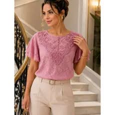 Blusa Feminina Elegante Social Casual M ao G3 Bordada Malha Lese Linda SKU:BF02